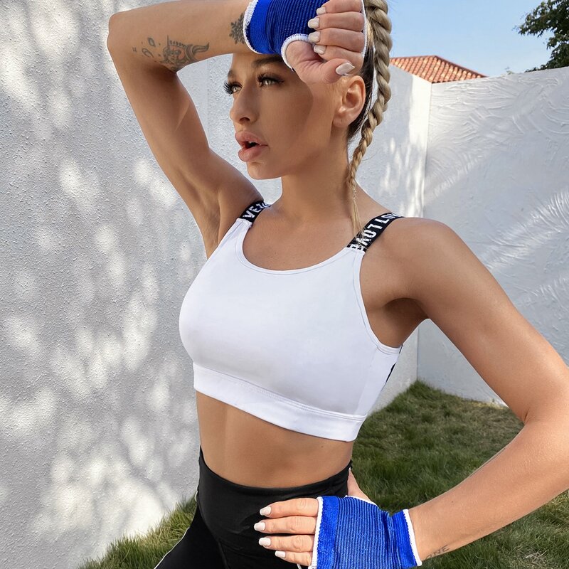 

Light Support Letter Tape Crisis Cross Back Sports Bra, White