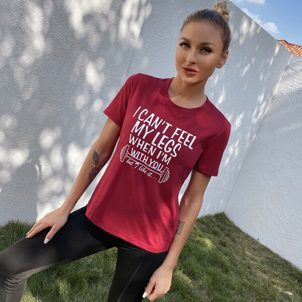 

Slogan And Graphic Print Sports Tee, Rose red