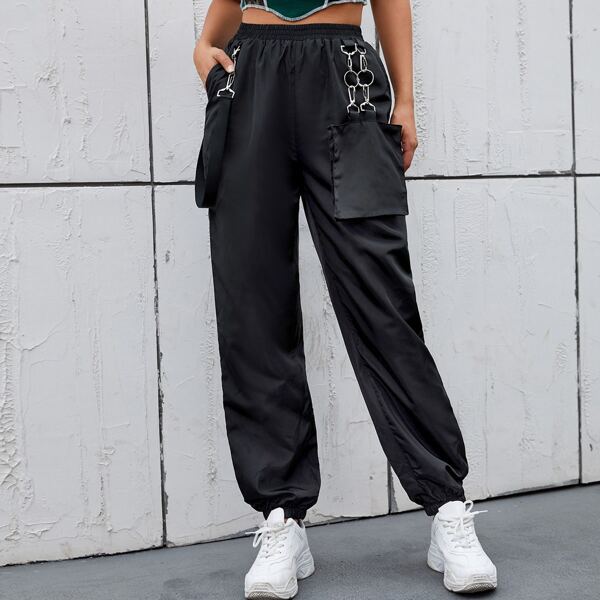 

Elastic Waist O-ring Detail Cargo Pants, Black