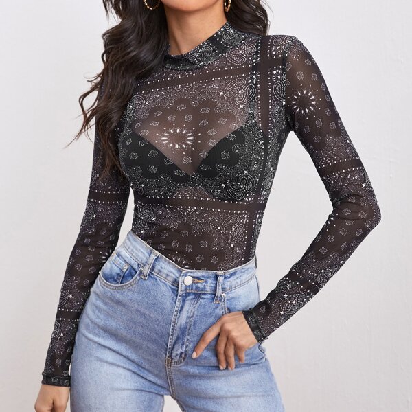 

Paisley Print Sheer Mesh Top Without Bra, Black