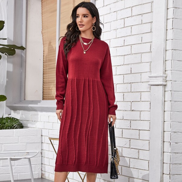 

Drop Shoulder Solid Textured Sweater Dress, Burgundy