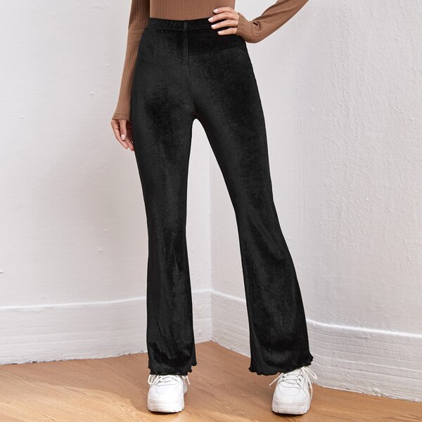 

Lettuce Trim Flare Leg Velvet Pants, Black
