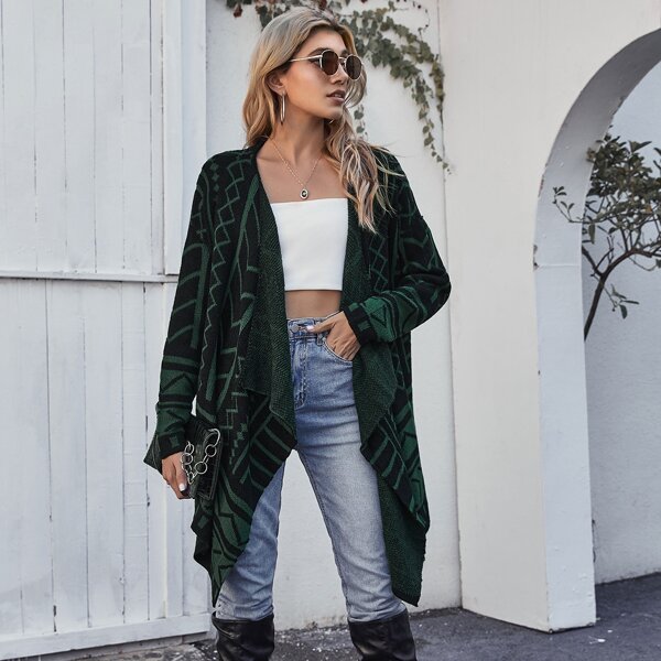 

Drop Shoulder Chevron & Argyle Pattern Cardigan, Multicolor