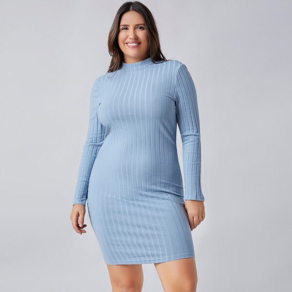 

Plus Mock-Neck Rib-knit Dress, Baby blue