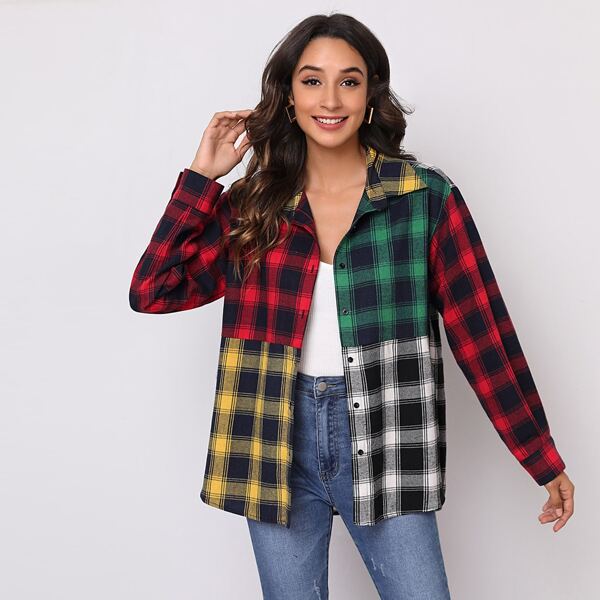 

Collared Colorblock Plaid Blouse, Multicolor
