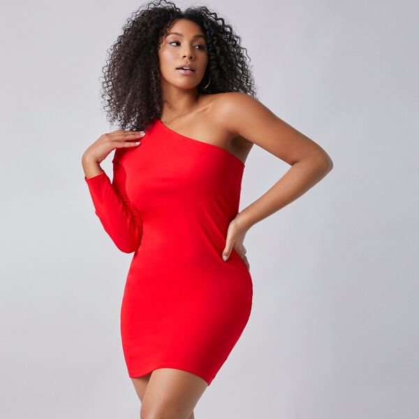 

Plus One Shoulder Bodycon Dress, Red bright