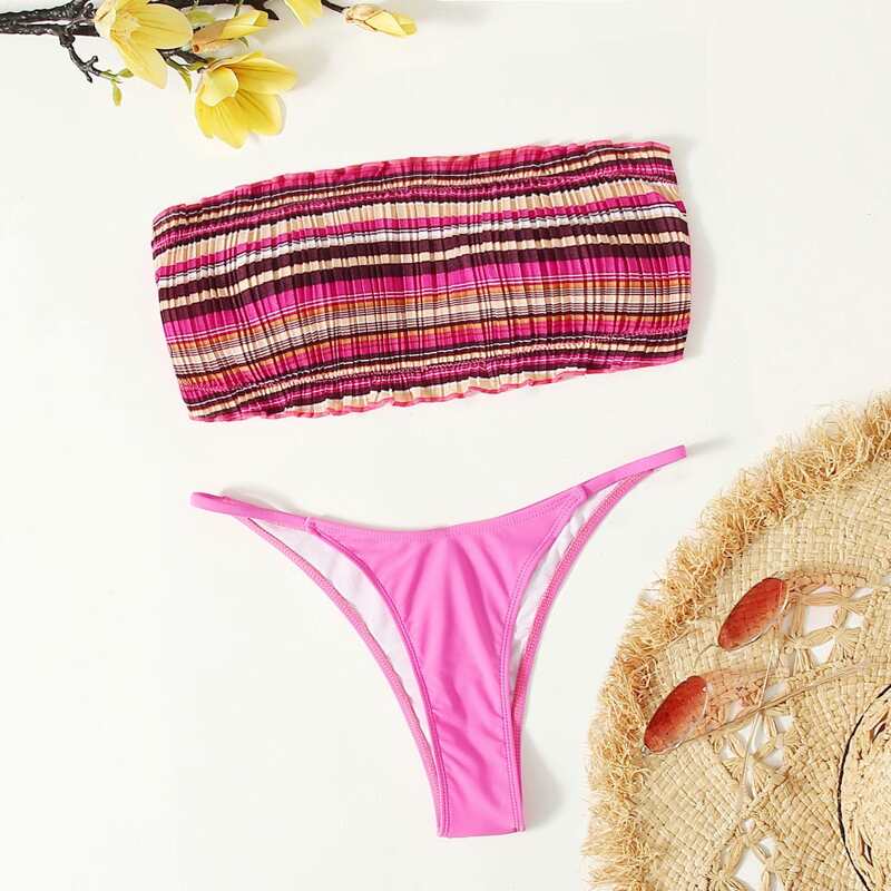 

Stripe Ruched Bandeau Bikini Swimsuit, Multicolor