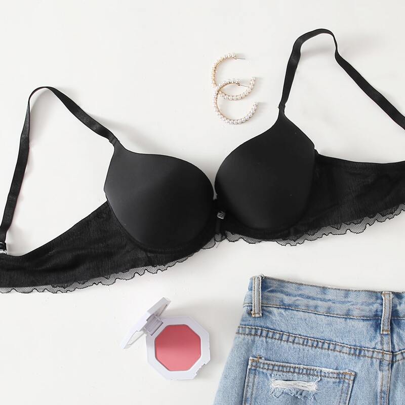 

Solid Lace Trim Bra, Black