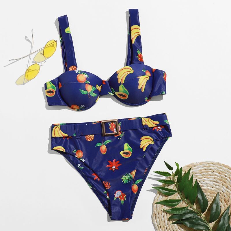 

Fruit Print Buckle High Waist Bikini Swimsuit, Royal blue