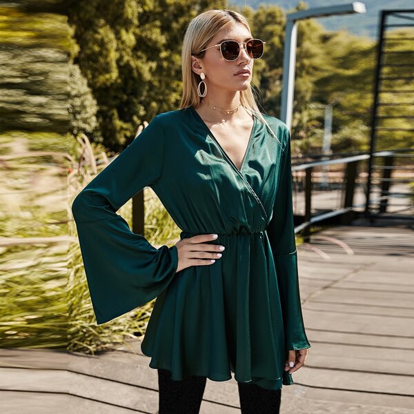 

Satin Surplice Neck Flounce Sleeve Peplum Blouse, Dark green