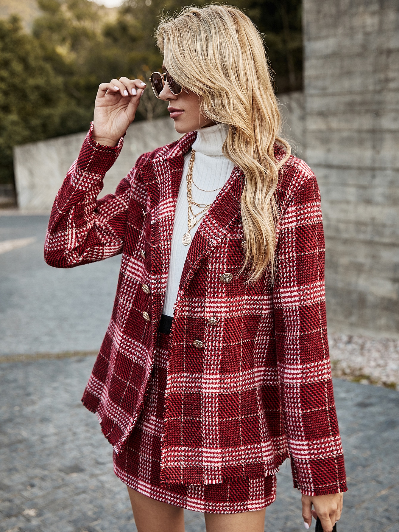 Tweed Plaid Print Double Breasted Blazer With Skirt thumbnail