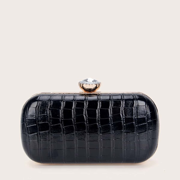 

Rhinestone Decor Croc Embossed Clutch Bag, Black