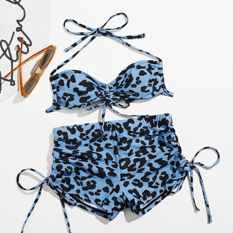

Leopard Drawstring Shorts Bikini Swimsuit, Blue