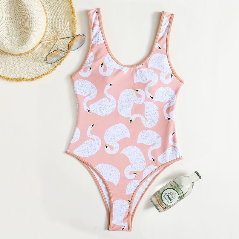 

Cartoon Swan Tank One Piece Swimsuit, Baby pink