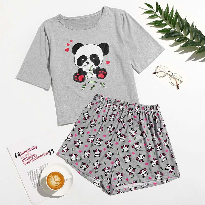 

Panda & Heart Print Pajama Set, Grey