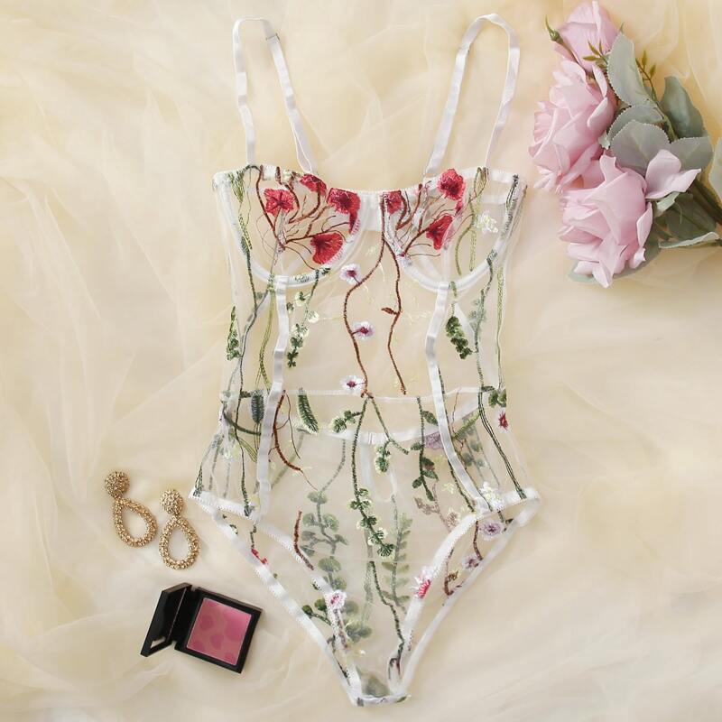 

Lace Floral Sheer Teddy Bodysuit, White