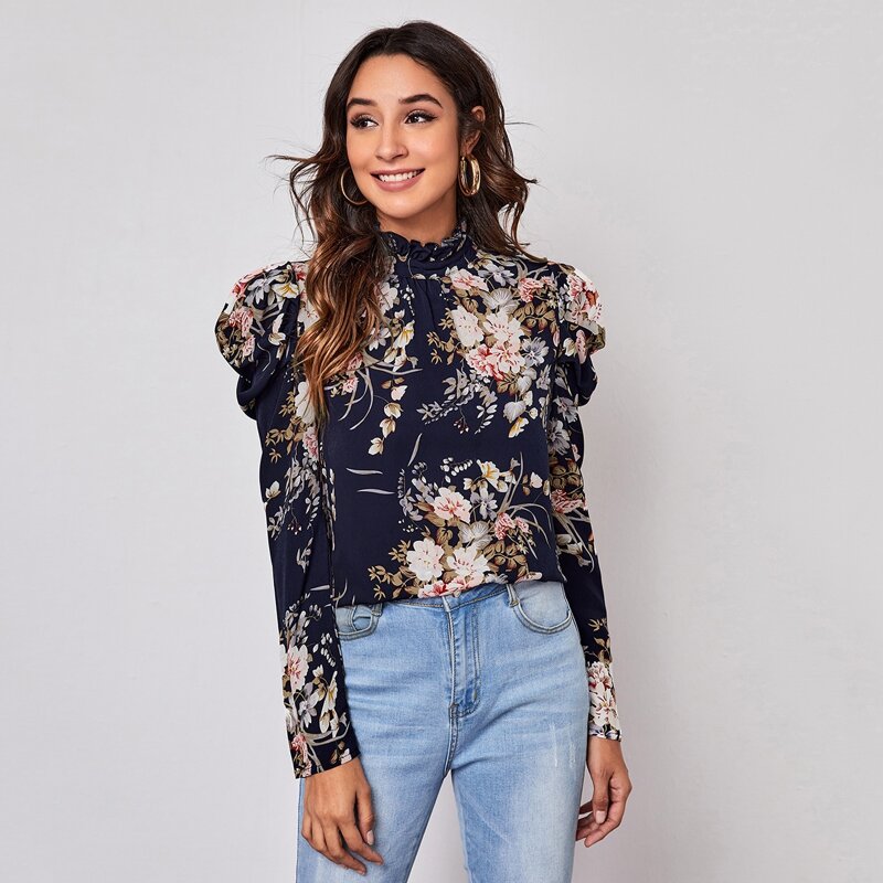 

Frilled Neck Gigot Sleeve Floral Top, Multicolor