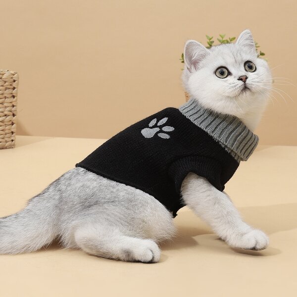 

Paw Embroidered Turtleneck Cat Sweater, Black