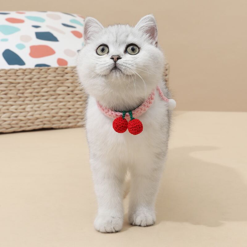 

Cherry Pendant Knit Cat Necklace, Pink