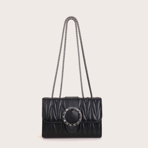 

Rhinestone Decor Quilted Shoulder Bag, Black