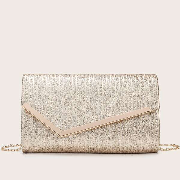

Metal Edge Glitter Chain Clutch Bag, Gold