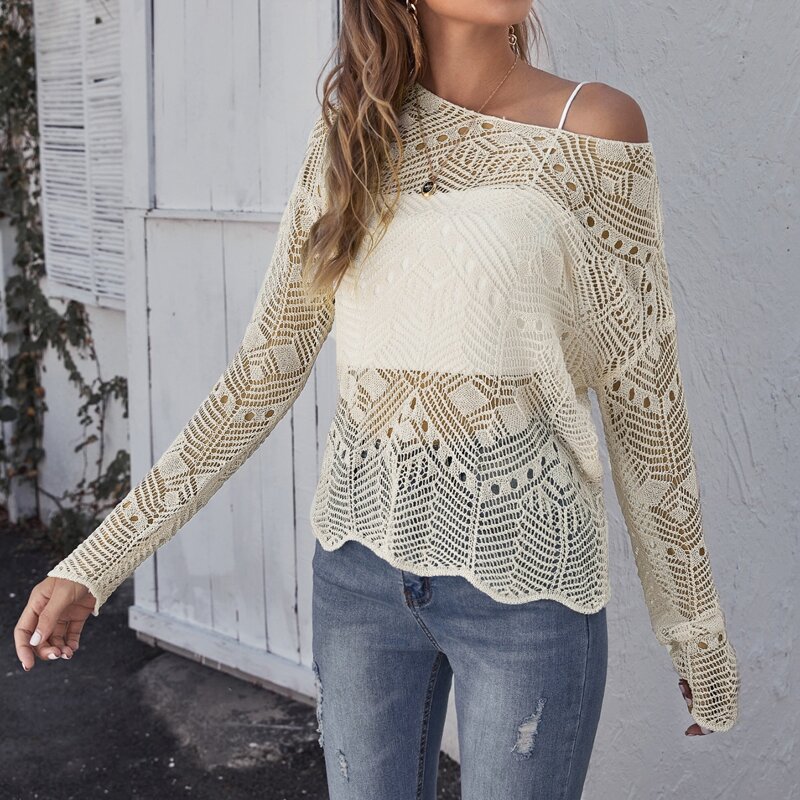 

Drop Shoulder Open Knit Sweater Without Cami, Beige