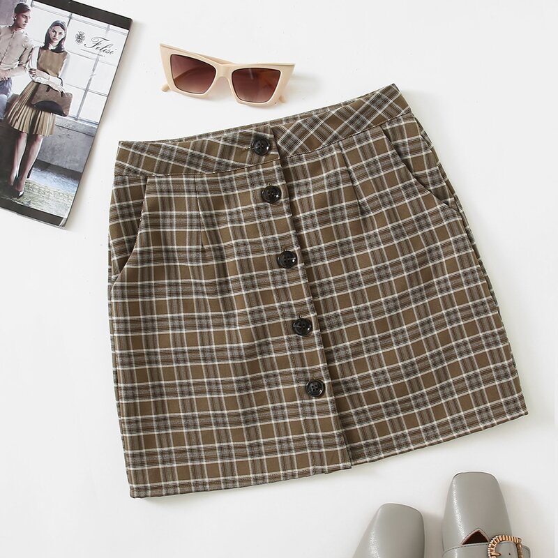 

Button Front Plaid Skirt, Multicolor