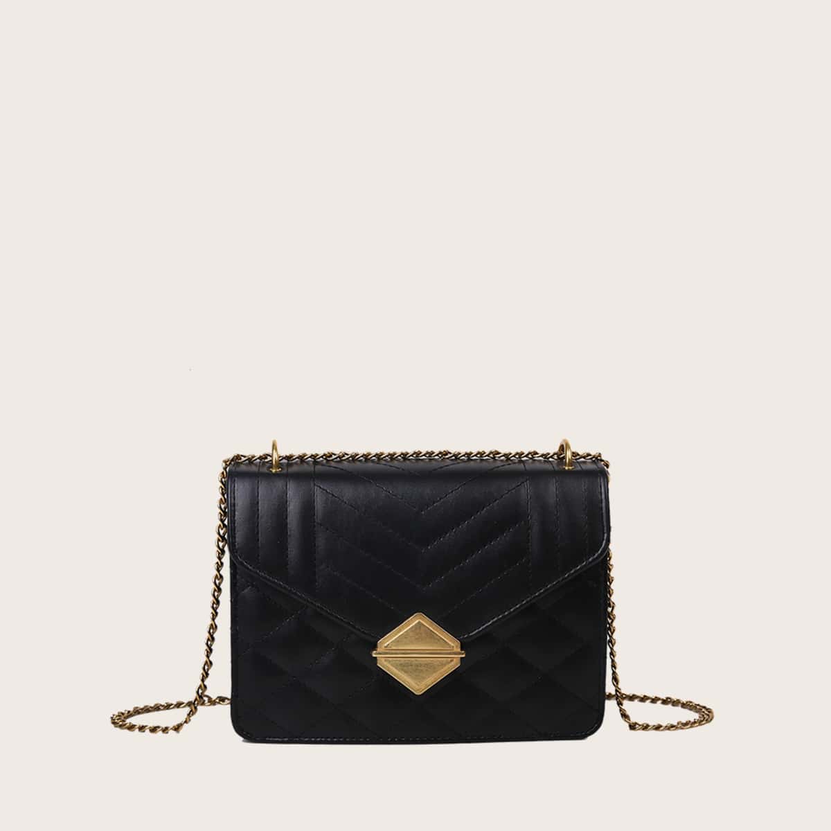 

Chevron & Quilted Chain Crossbody Bag, Black