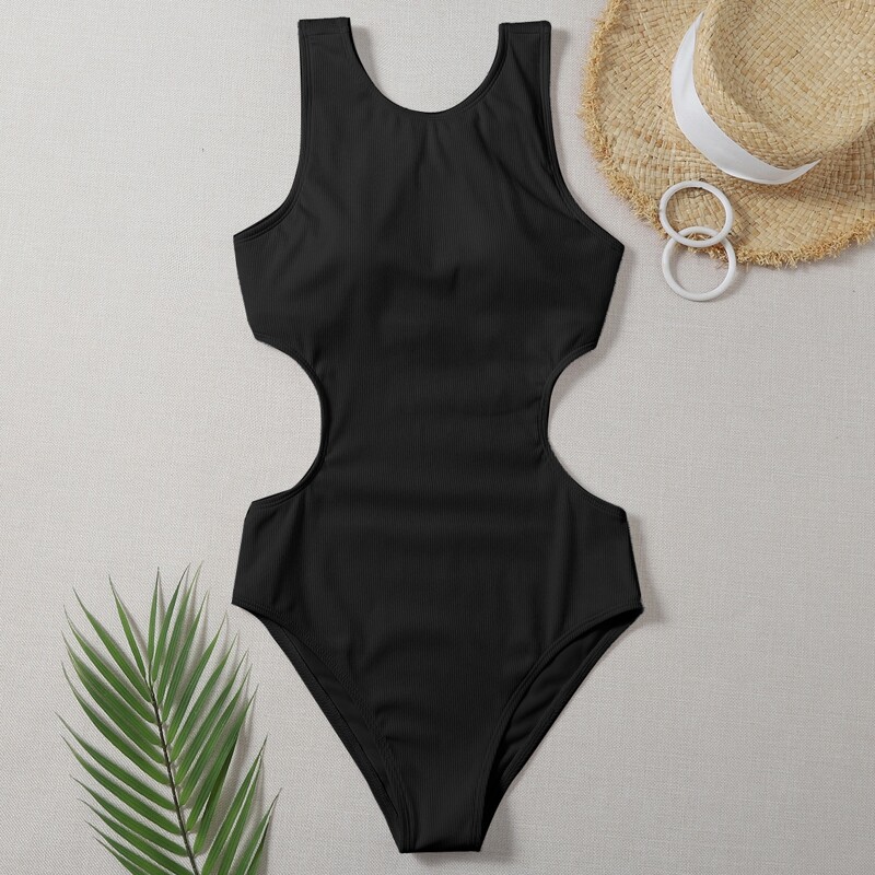 

Solid Cut Out One Piece Swimsuit, Black