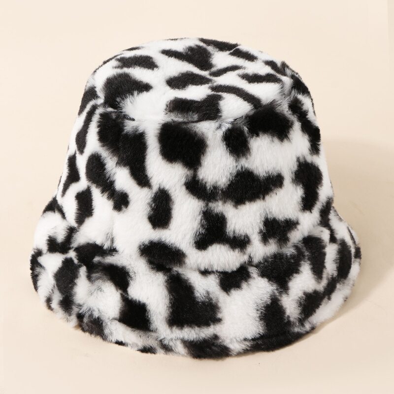 

Cow Print Fluffy Bucket Hat, Black and white