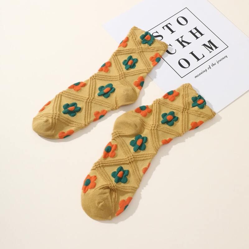 

1pair Flower Crew Socks, Mustard yellow