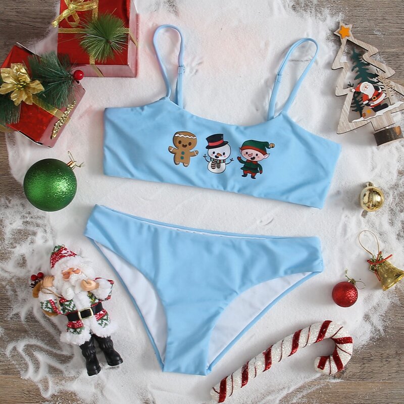

Christmas Pattern Cami Bikini Swimsuit, Baby blue