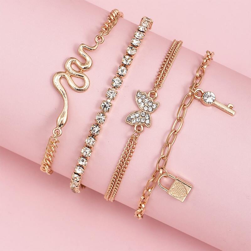 

4pcs Rhinestone Butterfly Chain Bracelet, Gold