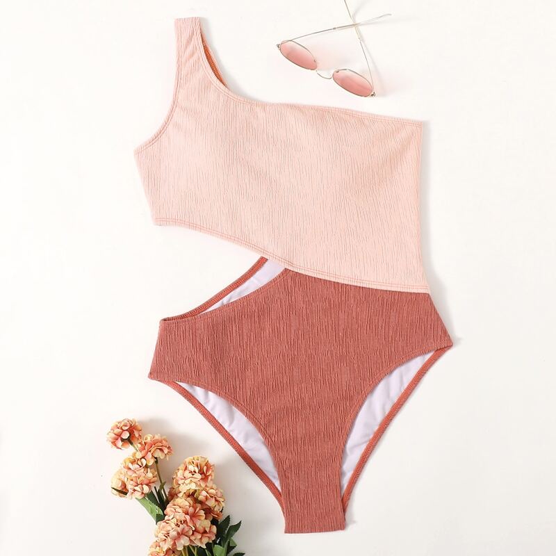 

Colorblock Cut-out One Shoulder One Piece Swimsuit, Multicolor