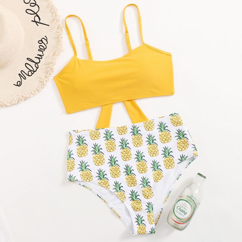 

Pineapple Print Bow Back Bikini Swimsuit, Yellow