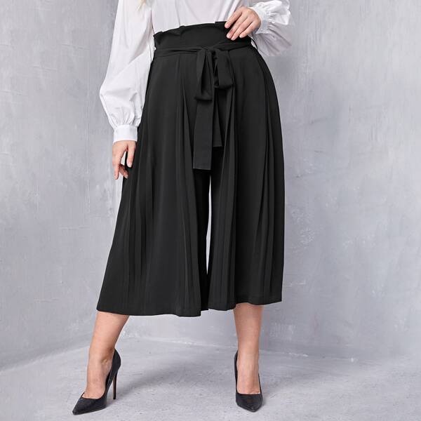 

Plus Paperbag Waist Self Belted Pleated Wide Leg Pants, Black