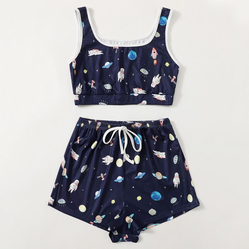 

Cartoon Planet Print Shorts PJ Set, Blue