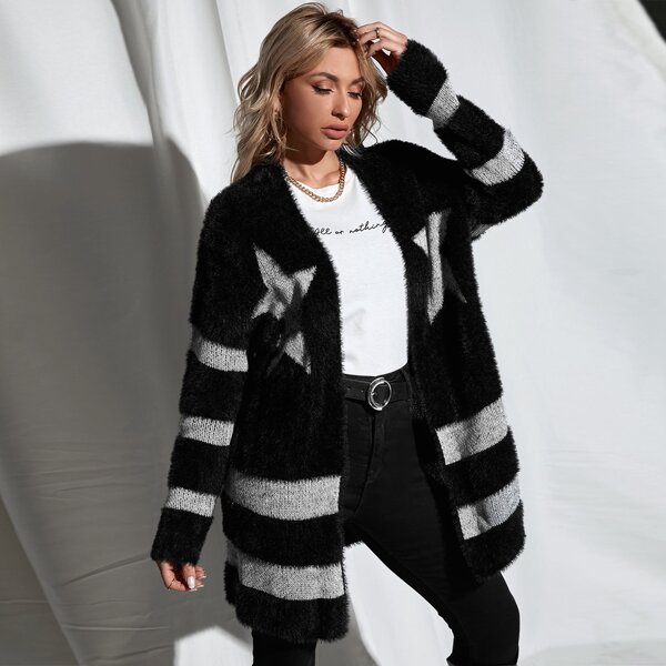 

Drop Shoulder Geo & Striped Pattern Fluffy Knit Cardigan, Multicolor