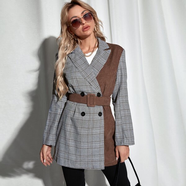 

Lapel Collar Buckle Belted Plaid Panel Blazer, Multicolor