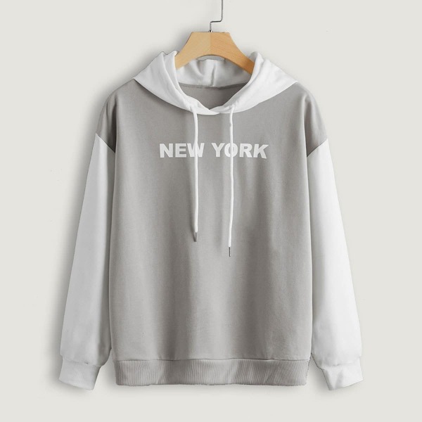 

Letter Graphic Color Block Drawstring Hoodie, Light grey