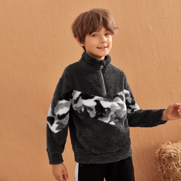 

Boys Camo Panel Zip Half Placket Teddy Sweatshirt, Dark grey