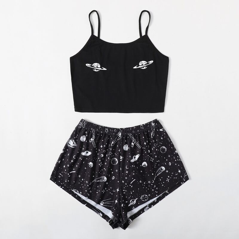 

Planet Print Shorts PJ Set, Black