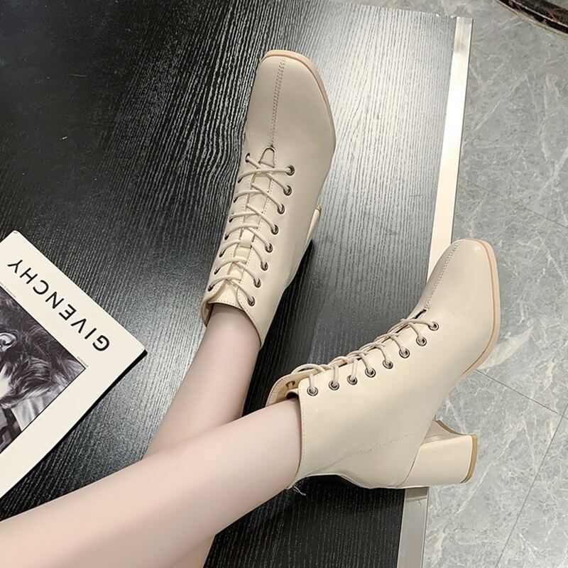 

Chunky Heel Lace-up Front Ankle Boots, Beige
