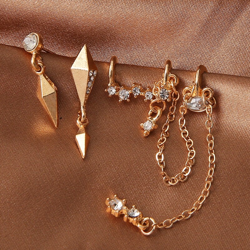 

3pcs Rhinestone Decor Chain Earrings, Gold
