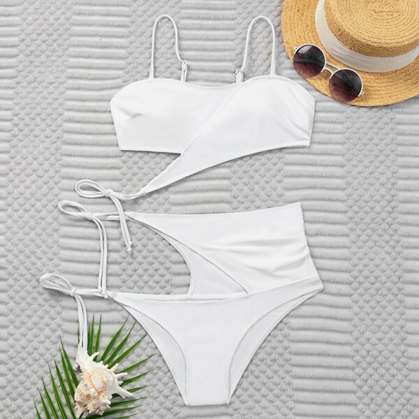 

Cut-out Knot Side High Waisted Bikini Swimsuit, White