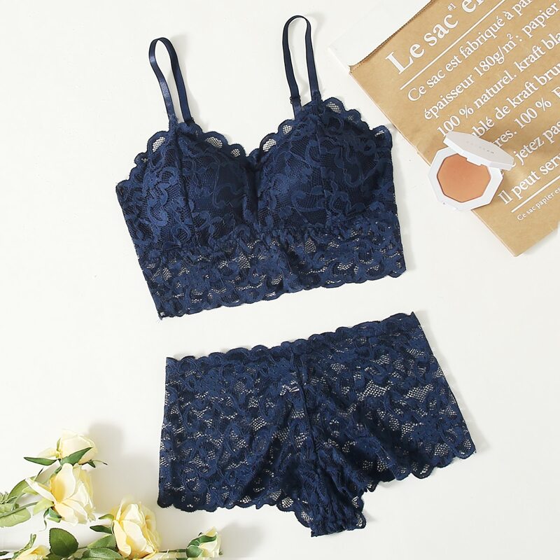 

Solid Lace Lingerie Set, Navy blue