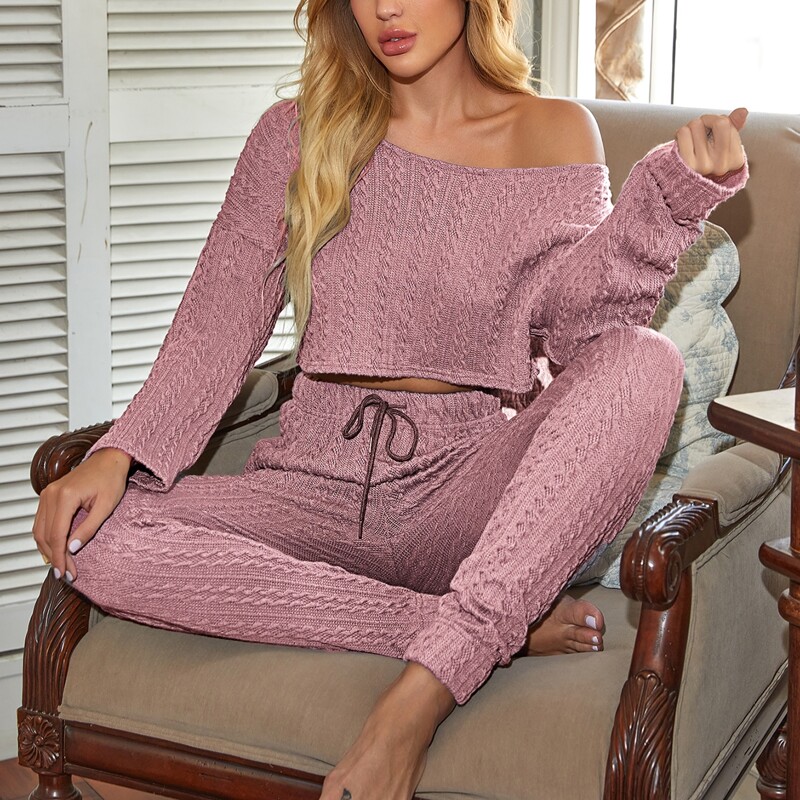 

Cable Knit Top With Drawstring Pants Lounge Set, Dusty pink