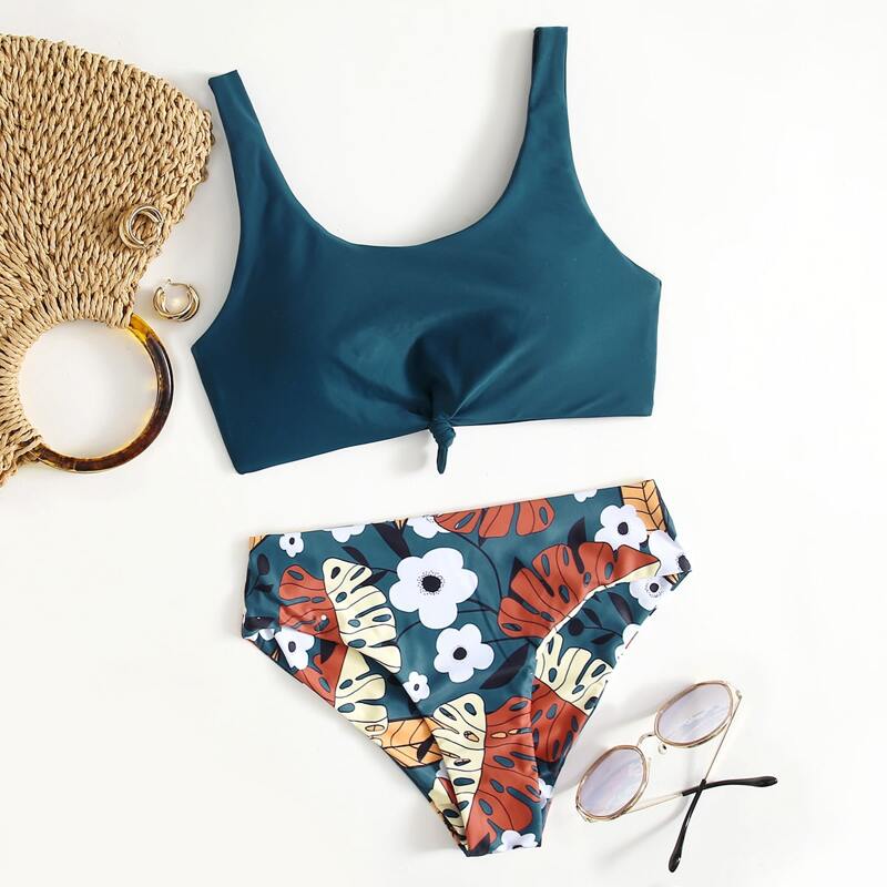 

Floral Knot Detail Bikini Swimsuit, Multicolor