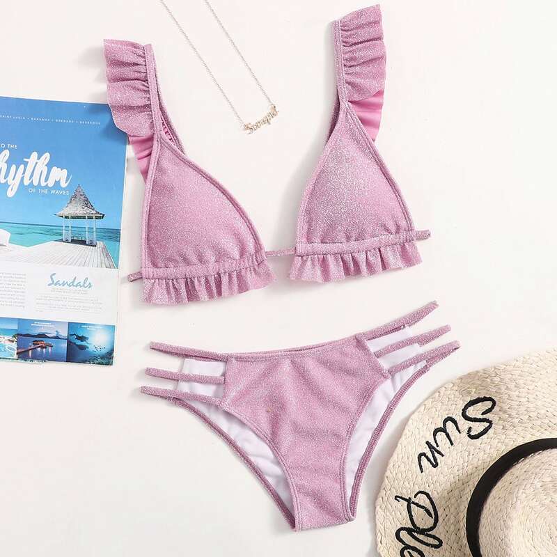 

Glitter Frill Trim Cut-out Bikini Swimsuit, Dusty pink
