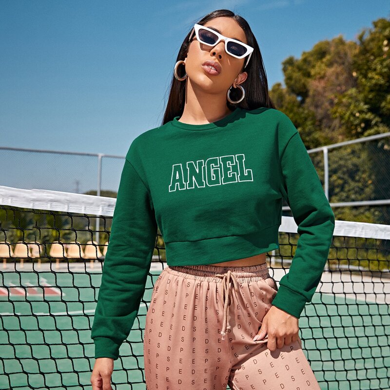 

Letter Graphic Drop Shoulder Crop Pullover, Dark green